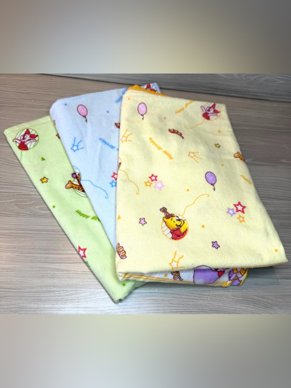 Lot of 3 Vintage Disney Winnie the Pooh Birthday Baby Blankets 42x27 Blue Green